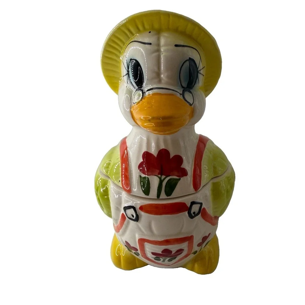 Vintage Duck Canister Cookie Jar Country Cottage Ceramic Mom Dad Ducks Lace Set